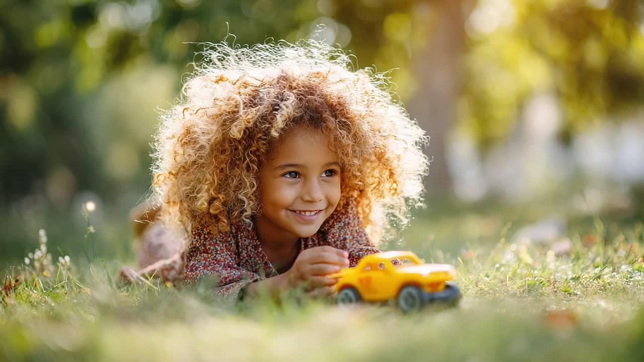 Menina brinca alegremente com um carrinho de brinquedo na grama verde em um parque ensolarado