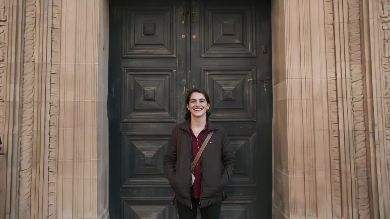 Camera pushing in, woman shifting gaze and smiling while facing stone doorway, crossbody bag