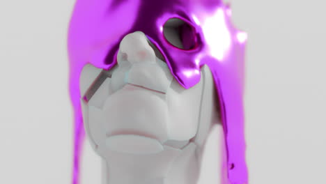 A violet liquid metal flows slowly on the sculpture