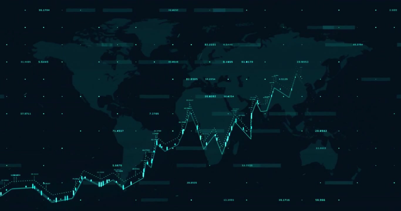 Animazione dell'elaborazione di dati finanziari su una mappa del mondo su sfondo nero
