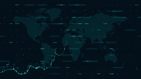 animation of financial data processing over world map on black background