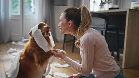 playful dog giving paw to smiling woman sitting together in mess room close up.