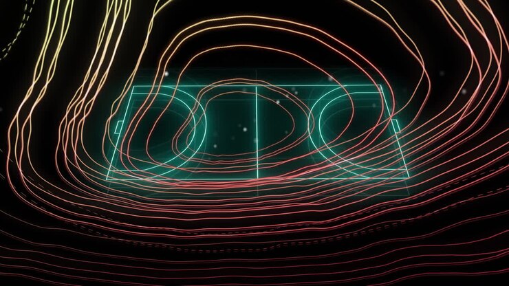 Animation of glowing network of connections over sports field on black background