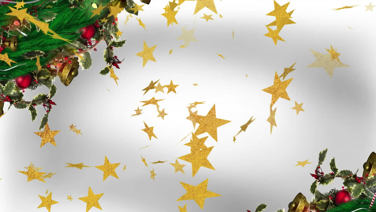 Animation of stars over christmas decorations on white background