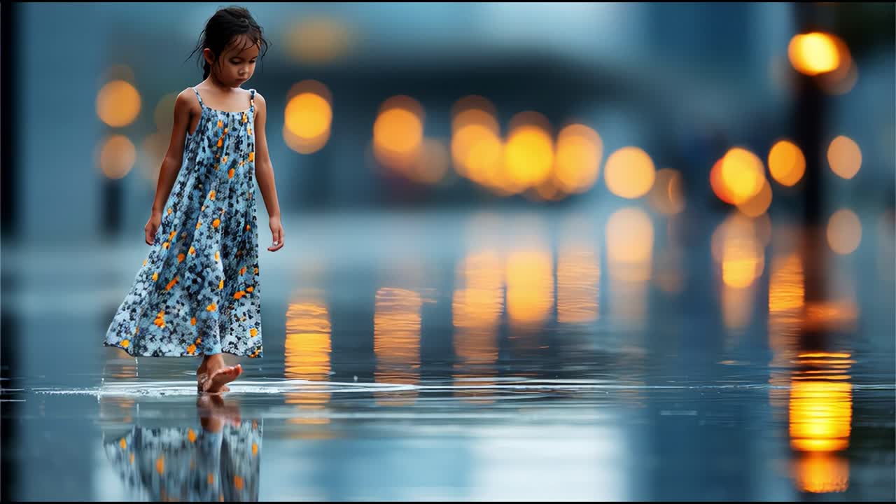 A young girl explores the tranquil reflections of a rain-soaked street, immersed in her own world as the warm glow of street lamps creates a dreamlike atmosphere in the evening twilight