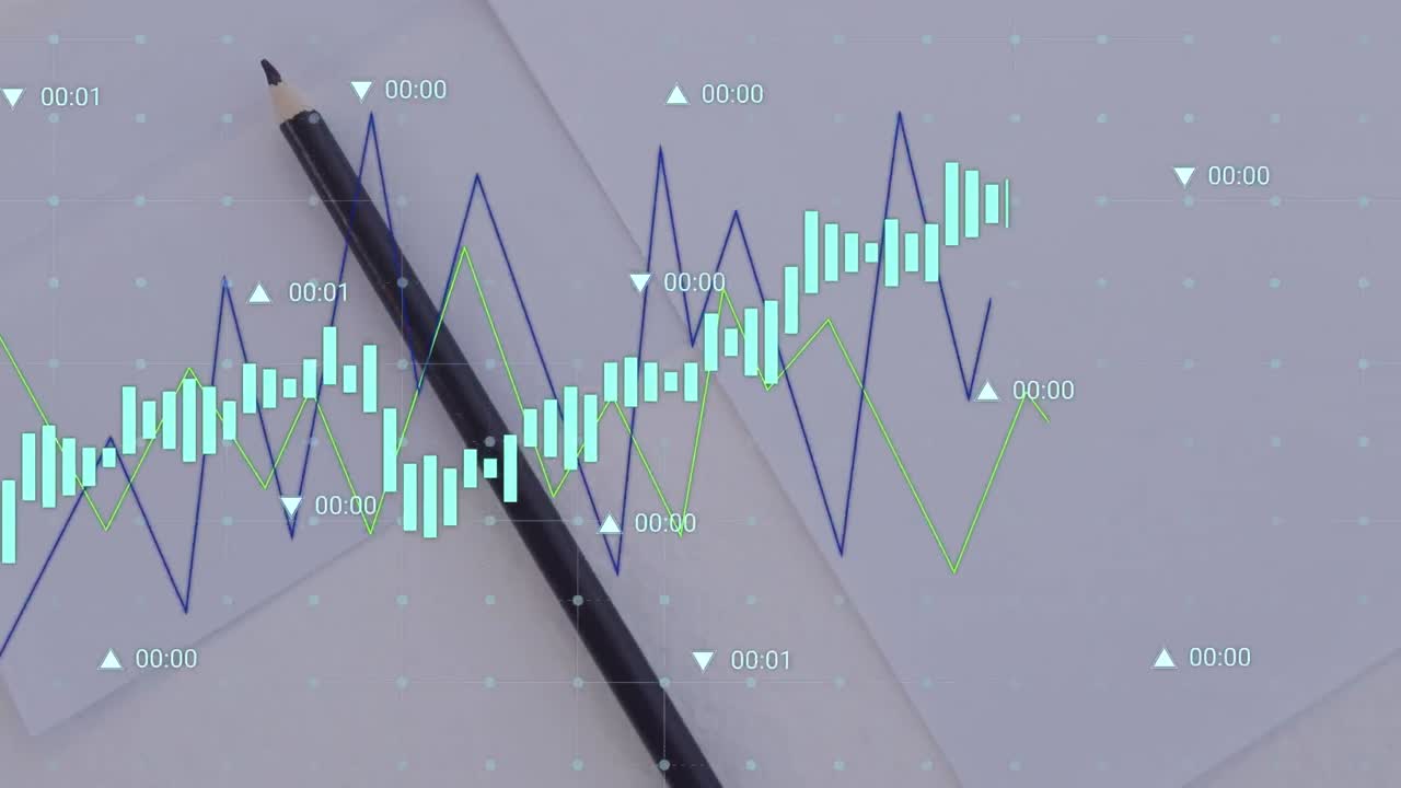 animación de múltiples gráficos con flechas y números cambiantes moviéndose sobre lápiz y papeles en blanco.