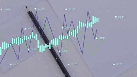 Animation-Mehrerer-Diagramme-Mit-Pfeilen-Und-Wechselnden-Zahlen,-Die-Sich-über-Bleistift-Und-Leeres-Papier-Bewegen