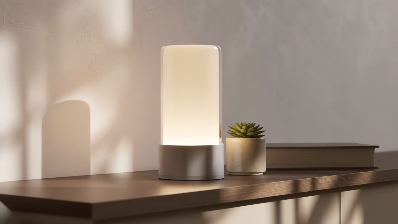 Table lamp with succulent and book on shelf