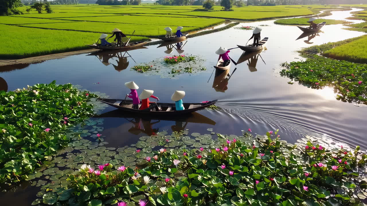 Vietnamese farmers in conical hats navigating boats through a river filled with lotus flowers amidst vibrant green rice paddies