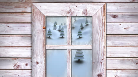 wooden window frame against multiple trees on winter landscape