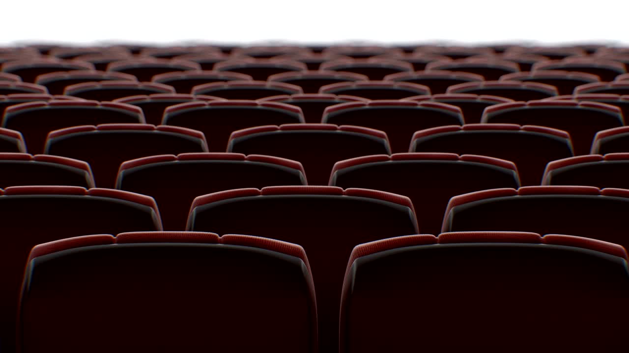 moviéndose detrás de las sillas en la sala de cine abstracto con pantalla blanca sin costuras. animación en bucle 3d de filas de asientos en el cine. concepto de arte y medios.