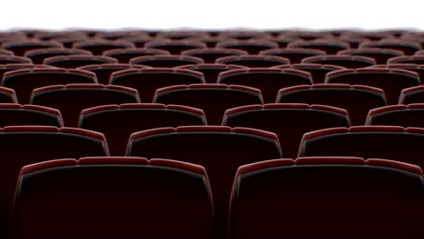 moving behind the chairs in abstract cinema hall with white screen seamless. looped 3d animation of rows of seats in cinema. art and media concept.