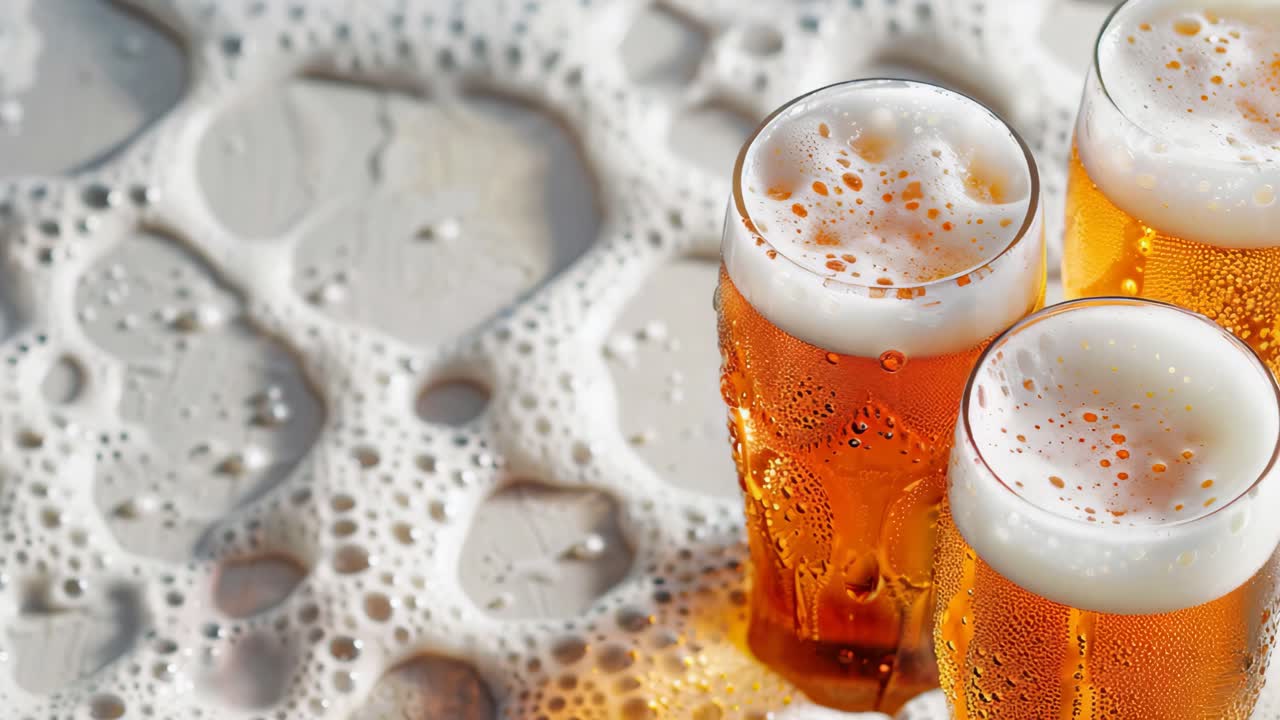 Three Cold Beer Glasses with Frothy Foam