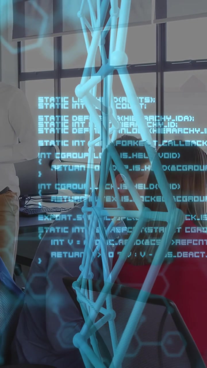 Vertical video: Lead starting AR, seated pair watching rotating model, code scrolling for tech demo