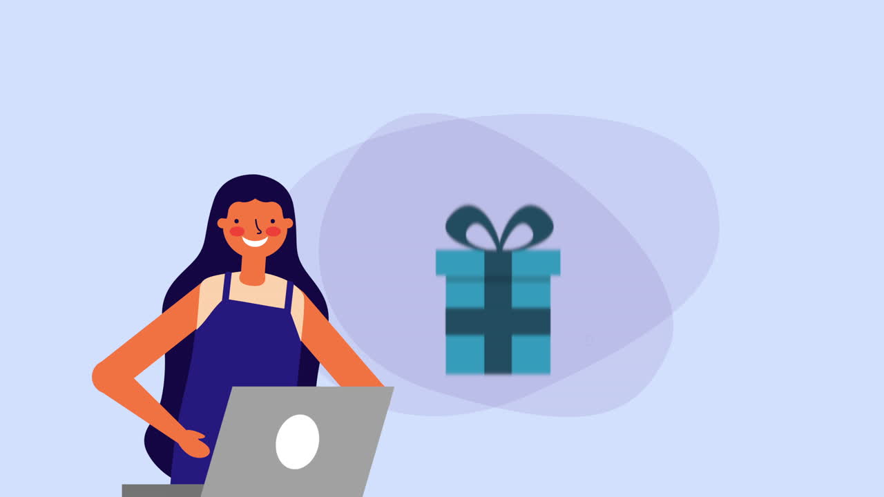 young woman with laptop and gifts