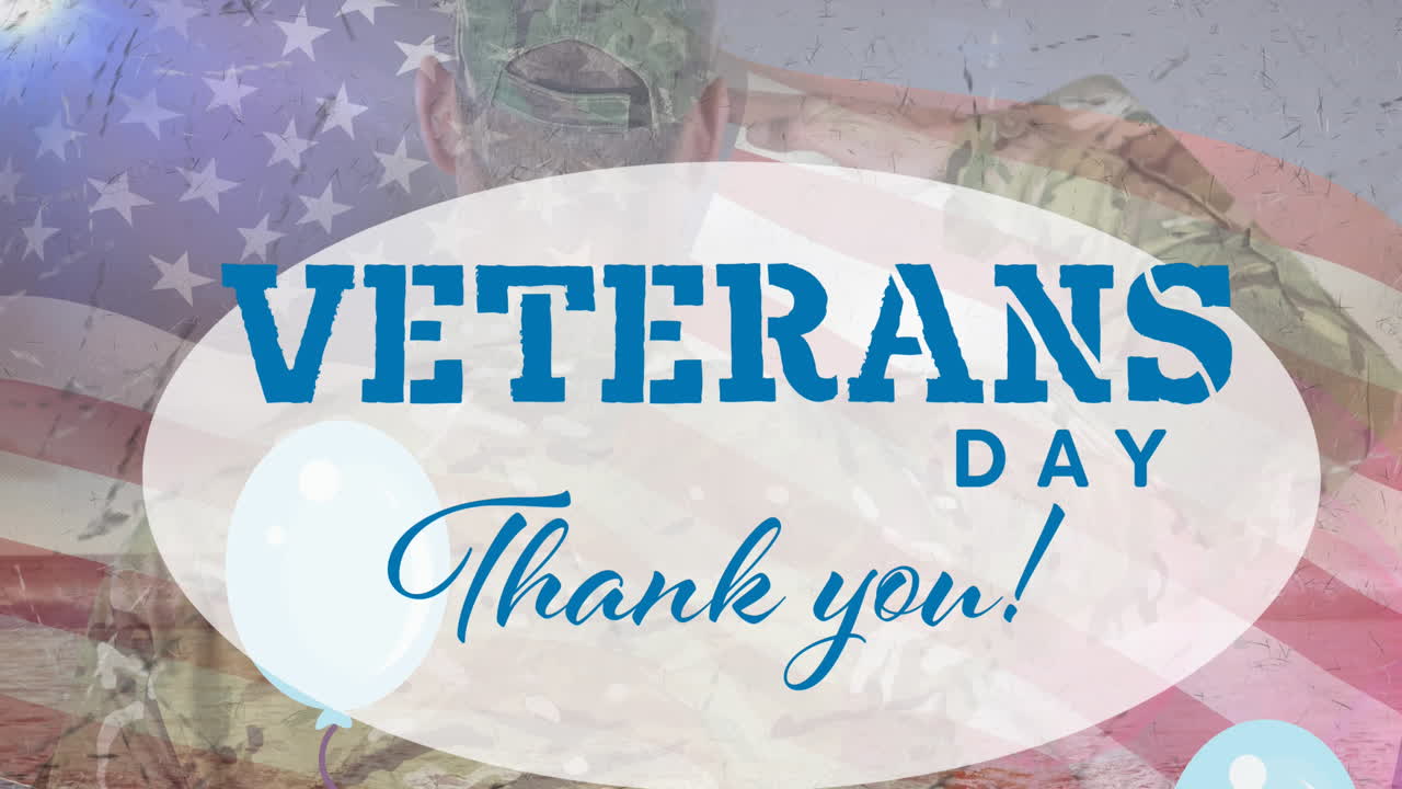 참전용사 날의 애니메이션 감사 메시지 풍선, 백인 남성 군인 및 미국  ⁇ 발