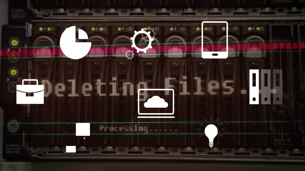 Animation of digital business icons and data processing over computer servers