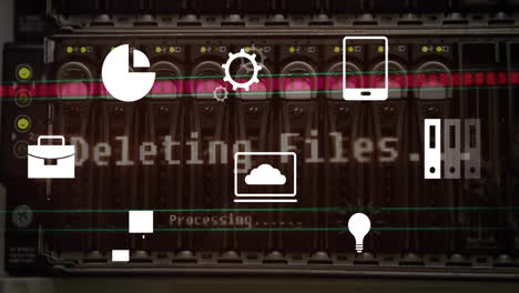 animation of digital business icons and data processing over computer servers