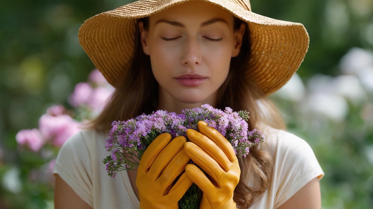 Un momento sereno: una donna si gode il profumo di fiori freschi mentre indossa un cappello a tesa larga e guanti dorati in un giardino fiorito.