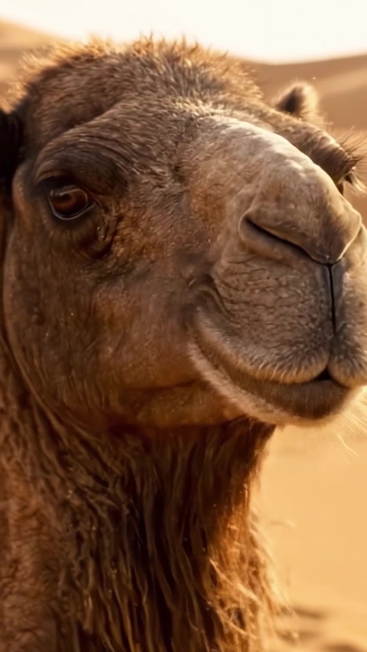 Primo piano di un cammello tra dune di sabbia dorata al tramonto, che cattura la texture e l'espressione uniche di questo maestoso animale del deserto