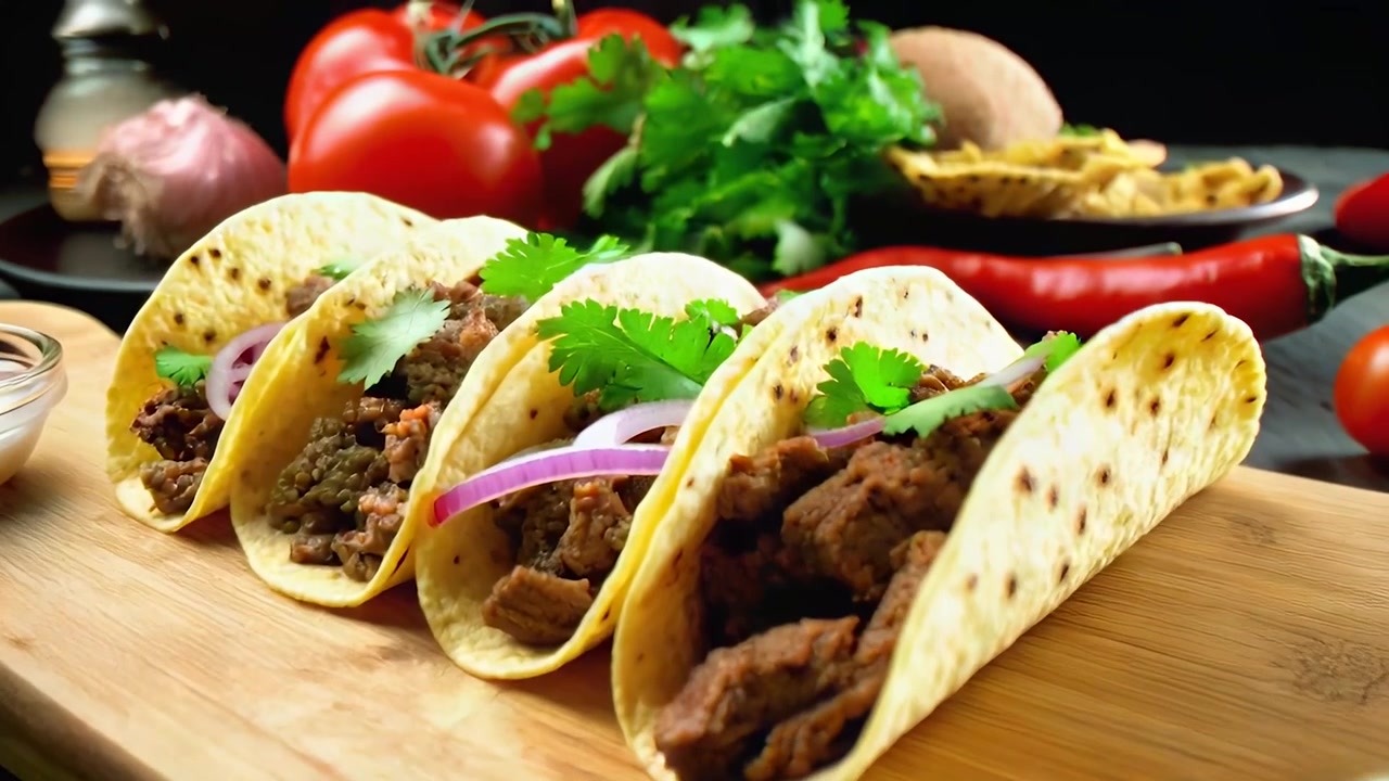 Tacos di manzo appena preparati su un tagliere di legno.