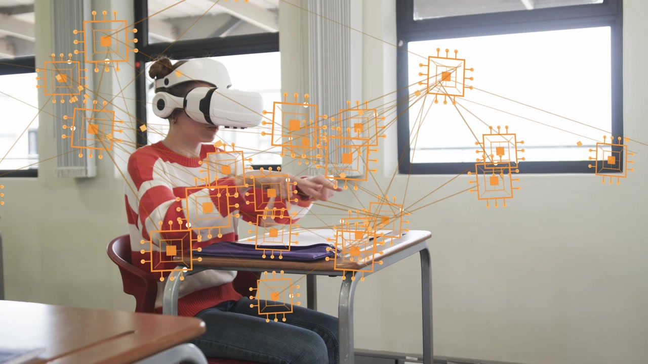 Student in VR headset lifting hands in education initiating orange overlay and grabbing objects