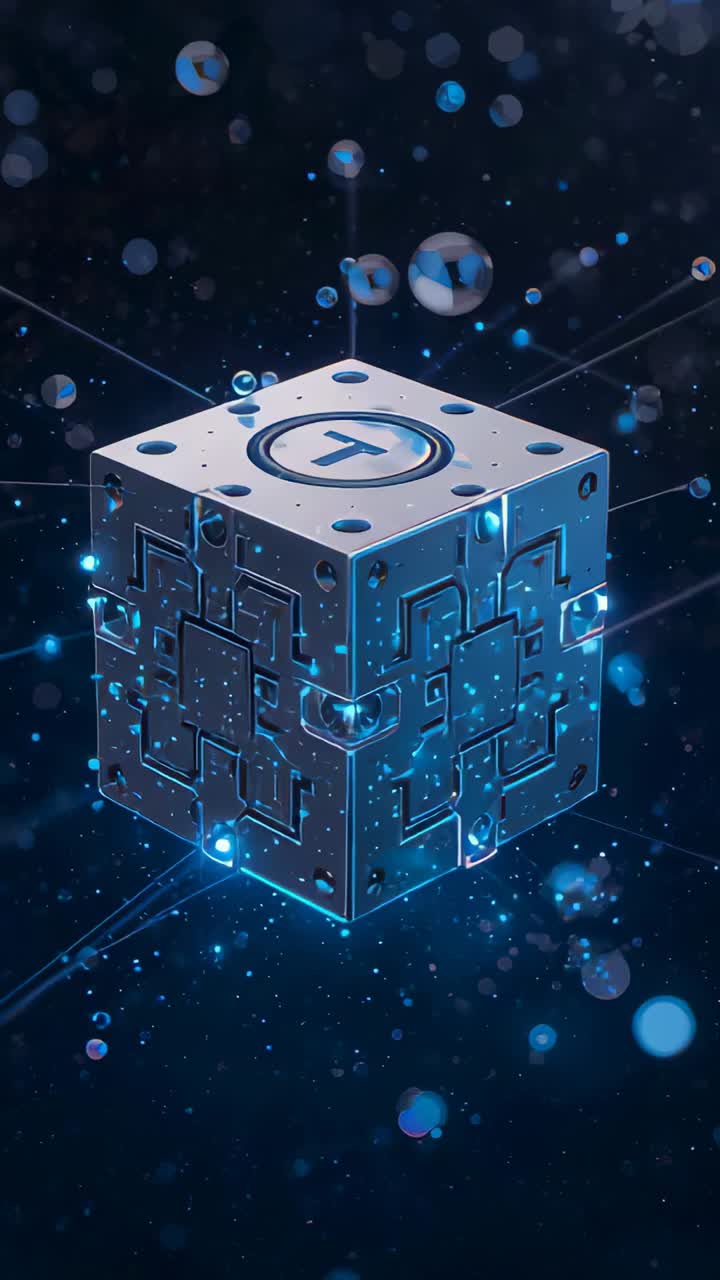 Vertical video: Pulsing metal cube starting rotation in dark void, showing T emblem and blue nodes