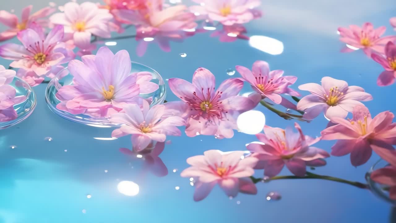 ピンクの桜の花が水面に浮かぶ穏やかな動画シーン、トップダウンアングルで撮影