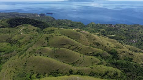 lush green hills by the sea with winding roads and distant ocean views, aerial shot