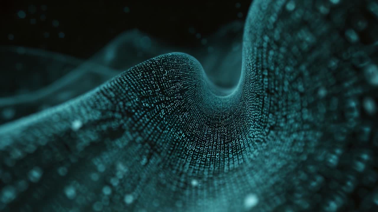 Flowing turquoise binary code forms a digital landscape, creating an abstract wave of information technology with a shallow depth of field, symbolizing data stream, big data, and cyberspace