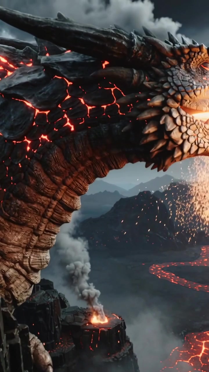 Video verticale: Mostra un drago vulcanico con vene pulsanti, che solleva la testa in una caldera ed emette braci.