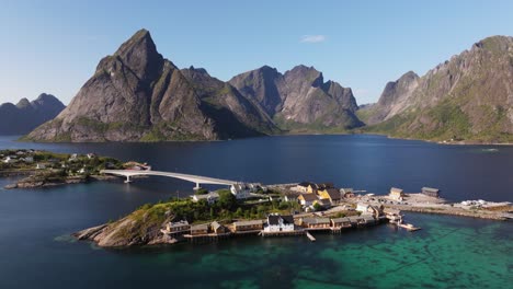 beautiful orbiting drone shot above reine, lofoten, norway