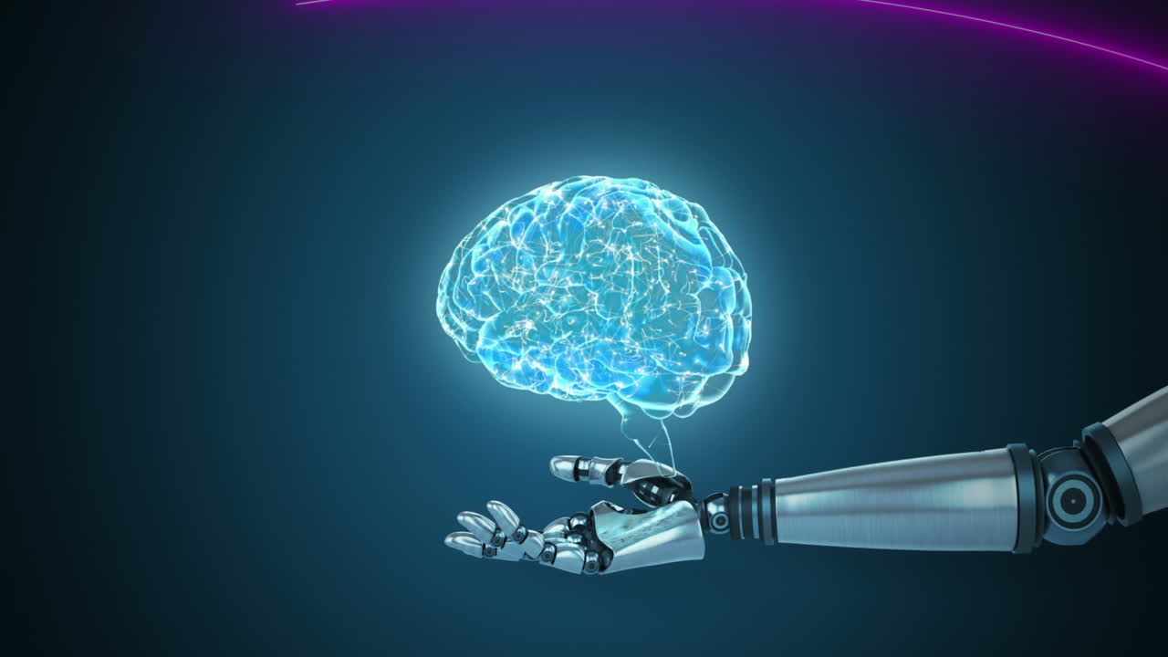 Animation of human brain spinning over robotic arm against purple light trails on blue background