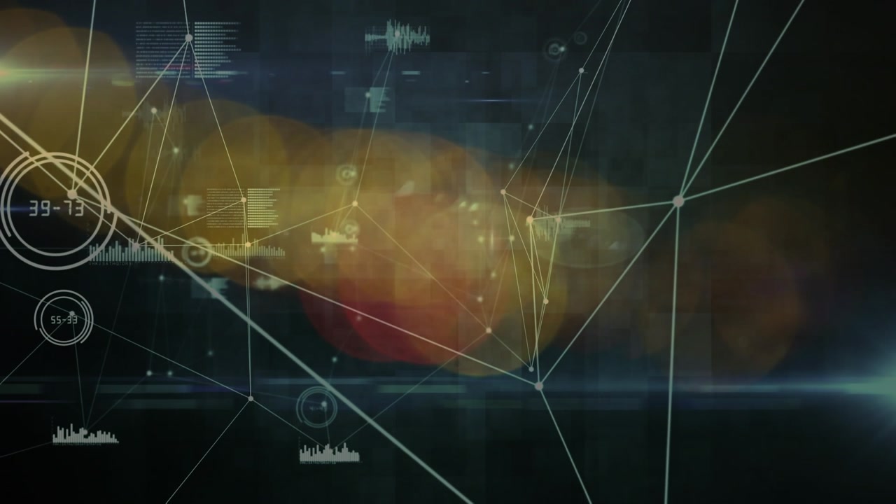 Animation of network of connections with statistics over cityscape