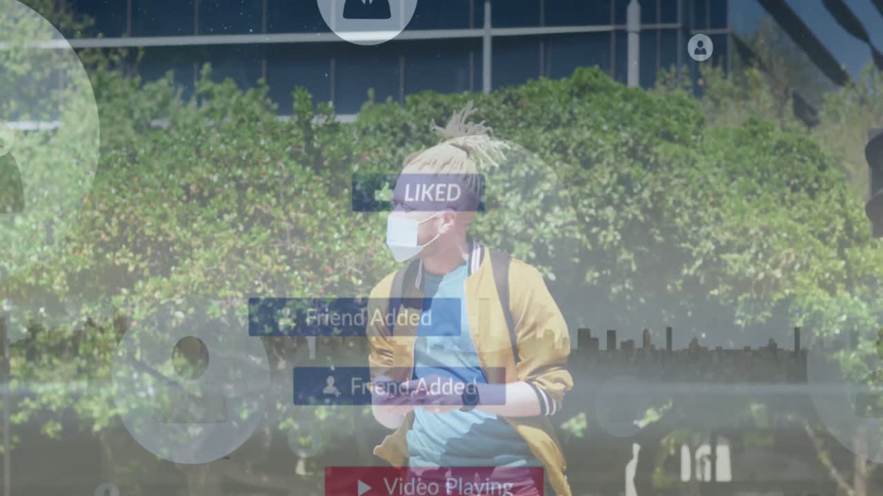 Animation of social media notifications over albino man using phone on street