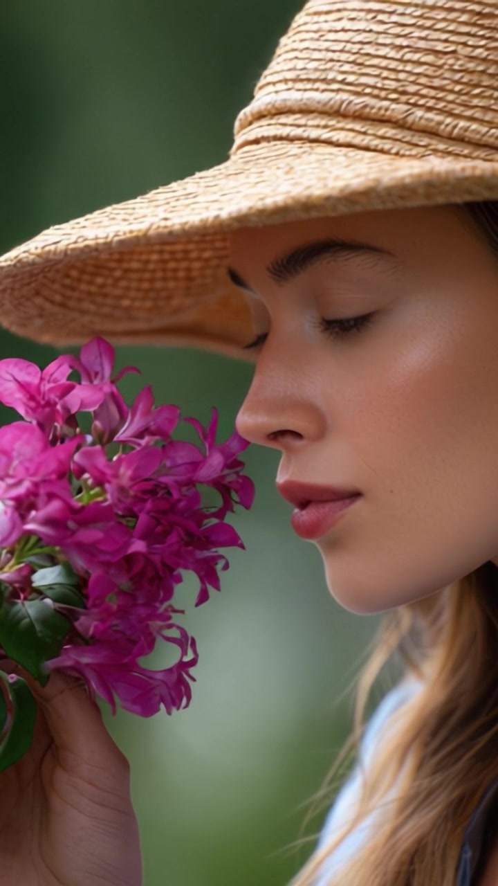 Un sereno momento di bellezza mentre una giovane donna con un cappello di paglia ammira un bouquet di fiori rosa vivaci, catturando l'essenza della natura e della tranquillità nella sua espressione.