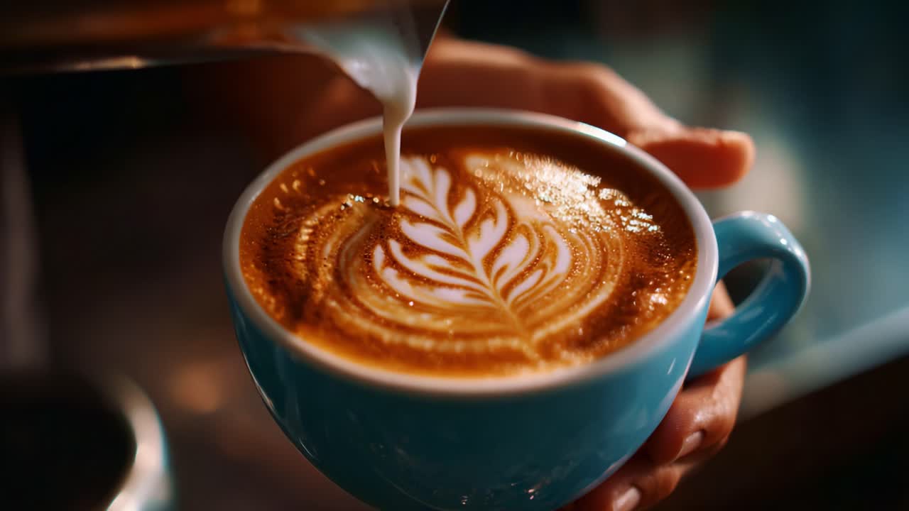 Creating stunning latte art in a beautifully crafted cup of coffee, showcasing intricate designs and the skill of barista craft in every pour and swirl