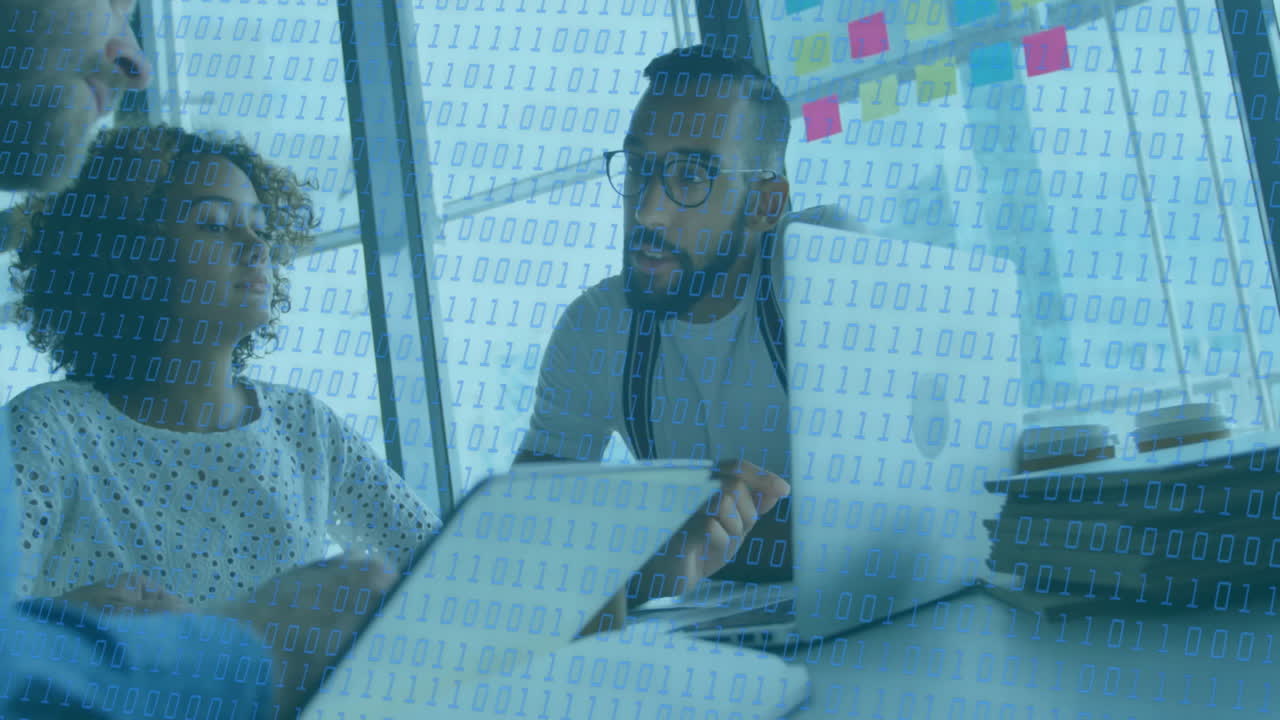 Animation of binary coding and data processing over diverse business people in office