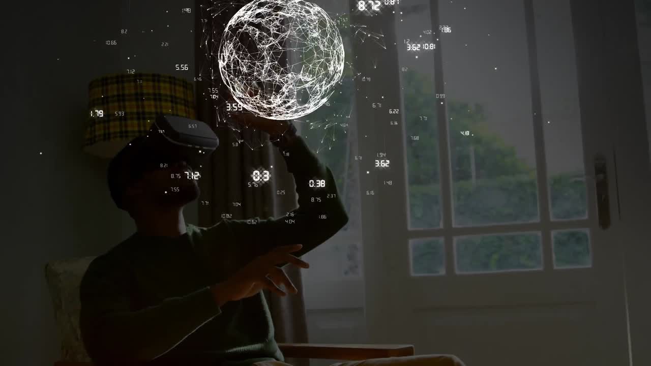 연결 네트워크의 애니메이션, 지구와 데이터 프로세싱 오버 맨 인 vr 헤드 ⁇