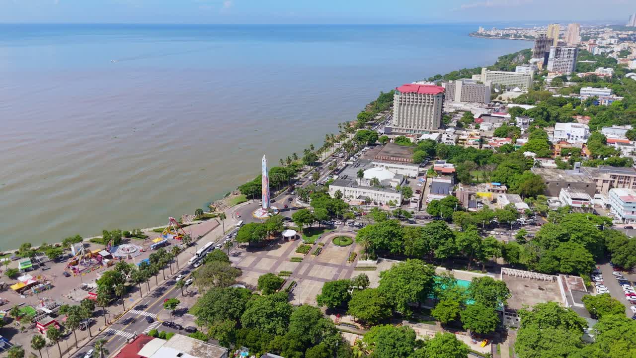 Distant drone shot of seafront George Washington Avenue in Dominican Republic