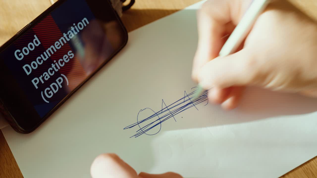 Close-up of a hand making an incorrect documentation correction by heavily scribbling over the entry, while “Good Documentation Practices (GDP)” is shown on a smartphone. Ideal for compliance training