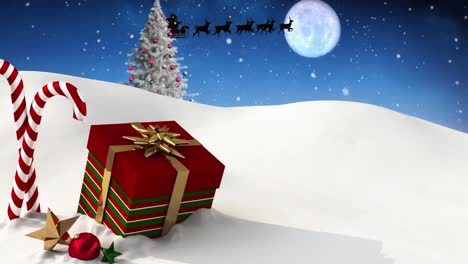 Animation-Einer-Nächtlichen-Winterlandschaft-Mit-Schnee,-Weihnachtsmannschlitten-Und-Geschenk