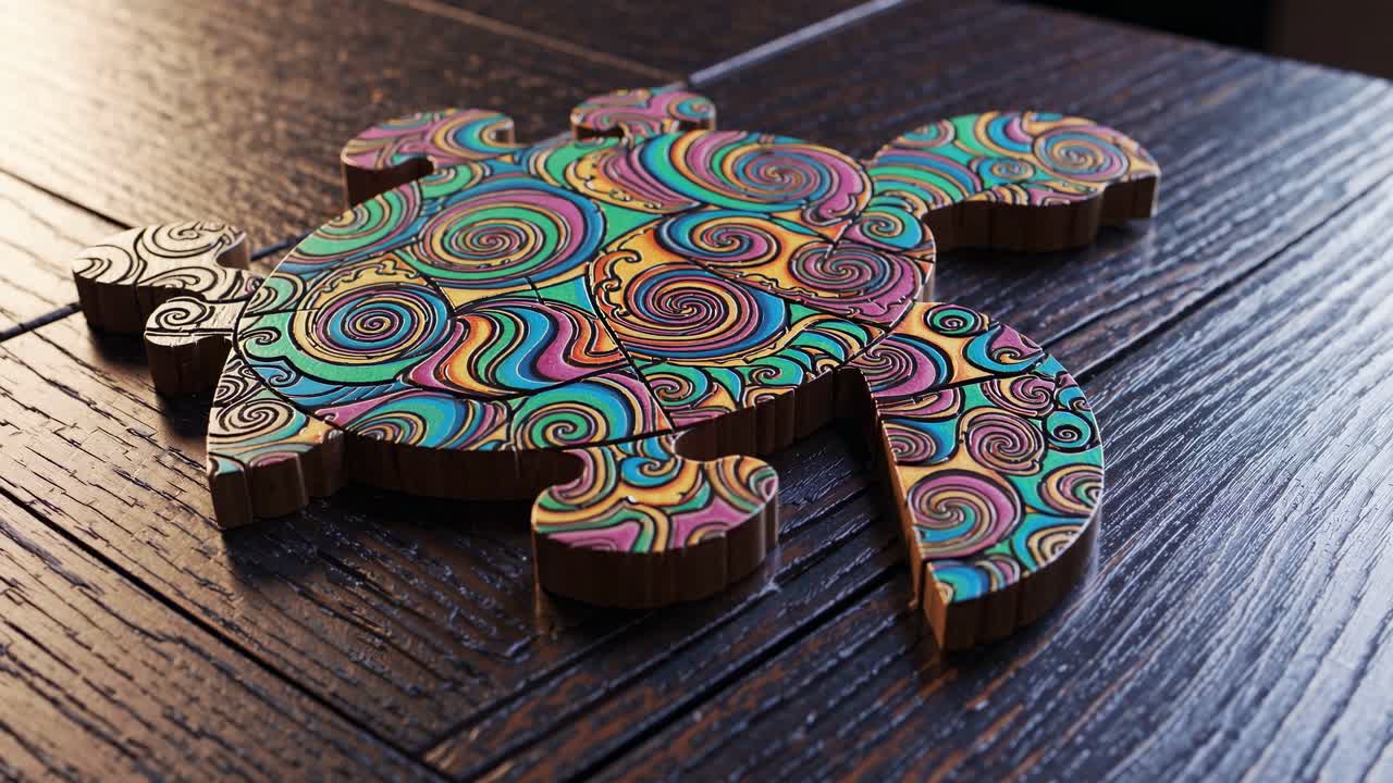 rompecabezas de tortuga de mar de madera con colores vibrantes y intrincados patrones de remolino descansa en una mesa de madera oscura, creando una escena artística y lúdica