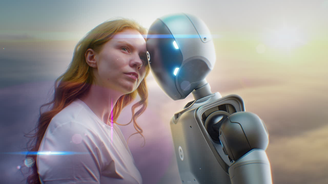 humanmachine Concept Visualization of Young Woman Speaking with Hightech Humanoid Robot Futuristic Humanmachine Concept Visualization of Young Woman Speaking with Hightech Humanoid Robot Symbol of Connection Collaboration and Harmony between Humanity and Artificial Intelligence