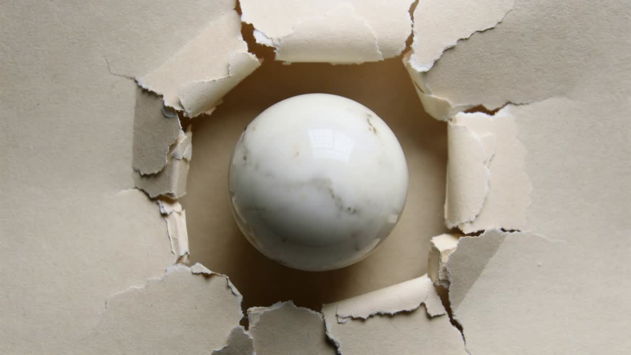 Shifting light causing marble sphere rotating in torn beige paper hole, showing faint veins