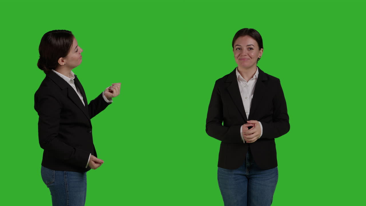Imprenditrice che fa una presentazione su schermo verde