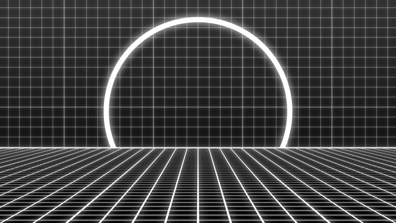 animación de un escáner semicircular blanco sobre una cuadrícula blanca en movimiento sobre un fondo negro