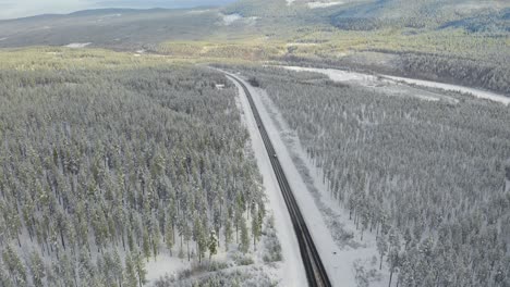 High-drone-shot-of-the-road-through-the-forest-in-Stor-Elvdal,-near-the-town-of-Atna,-Norway
