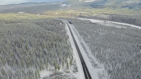 disparo de un dron alto de la carretera a través del bosque en stor elvdal, cerca de la ciudad de atna, noruega
