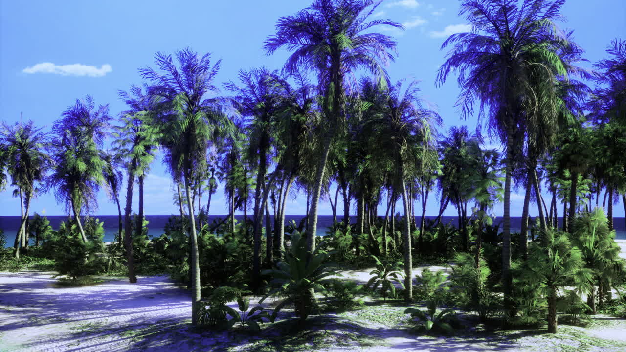 Sunlit tropical landscape with palms and ocean view under bright blue sky